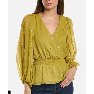 NWT $89 Vince Camuto Foil Blouse – Avocado Green, Women’s XS
